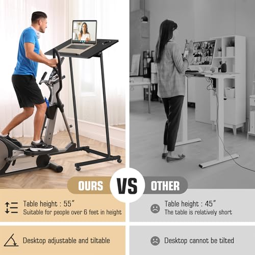 Eocnrhe Treadmill Desk, Mobile Small Standing Desk with Wheels for Walking Pad, Portable Table for Laptop, Rolling Table Adjustable Height, Bedside Table,Black Eocnrhe