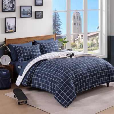 AMBERSPACE Plaid Twin XL Comforter Set Dark Blue, Reversible Checkered Bedding Set 5 Pieces for Boys Girls Teen, Lightweight Bed in a Bag for Dorm with Sheets, Pillowcase & Sham