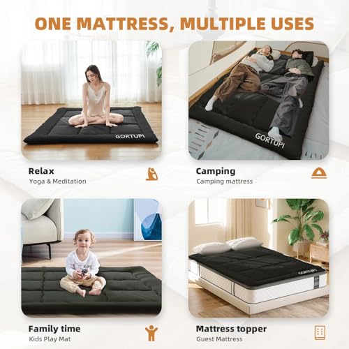 GORTUPI Japanese Floor Mattress,Futon Mattress 3" Black Thicken 100% High Density Comfortable Foam,Foldable Tatami Mat Sleeping Pad,Portable Floor Mattress Sleeping Pad for Adults,Twin Size 39"x 80" GORTUPI