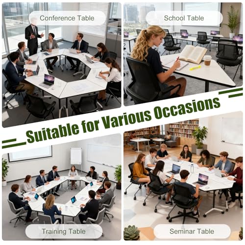 Rolling Trapezoid Conference Table with Silent Wheels,Moveable Foldable Meeting Tables,Flip Top Modular Seminar Table,Business Mobile Folding Training Tables for Office Room,Surface is White(8pack, B) ATagope