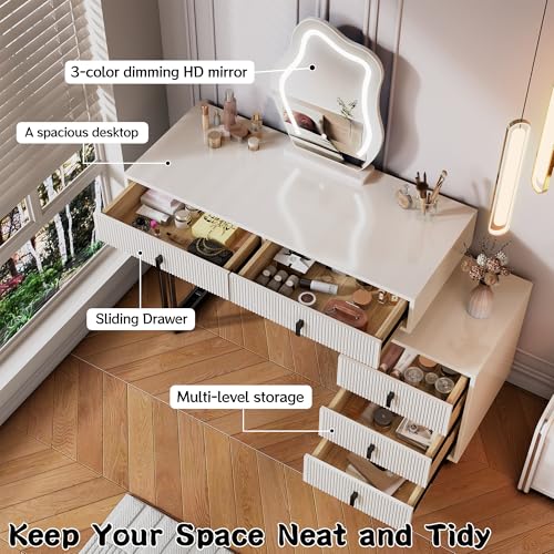 KDCAS Vanity Desk with Mirror and Lights| Small Makeup Vanity Set with Adjustable Cabinet & 5 Drawers Storage| Modern Dressing Table for Small Spaces & Bedroom(White and Black) KDCAS
