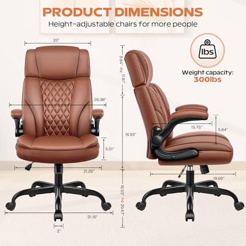Ergonomic Executive Office Chair with Flip-Up Arms, Faux Leather Desk Chair with Lumbar Support, Adjustable Headrest Home Office Computer Gaming Chair, Comfy 360° Swivel & Rocking Function fidom