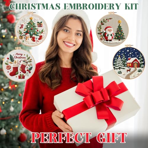 Christmas Embroidery Kits 4 Set DIY Needlepoint Kit for Adults Beginners Cross Stitch Kits for Craft Lover Christmas Gifts