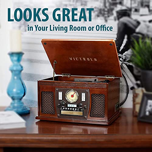 Victrola 8-in-1 Bluetooth Record Player & Multimedia Center, Built-in Stereo Speakers - Turntable, Wireless Music Streaming, Real Wood | Oak Victrola