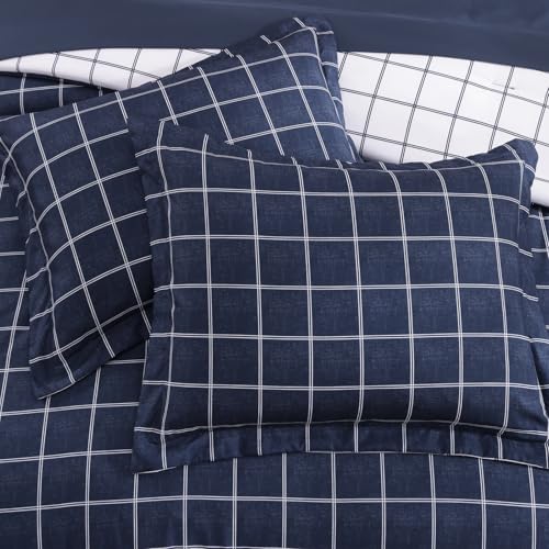 AMBERSPACE Plaid Twin XL Comforter Set Dark Blue, Reversible Checkered Bedding Set 5 Pieces for Boys Girls Teen, Lightweight Bed in a Bag for Dorm with Sheets, Pillowcase & Sham AMBERSPACE