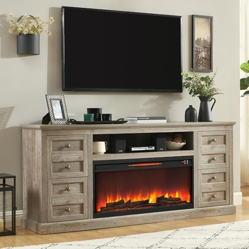 Unineo 70'' Fireplace TV Stand for up to 80'' Tvs with Drawer, Large Storage Tv Console Cabinet w/ 36'' Electric Fireplace, Media Entertainment Center for Living Room/Bedroom, Light Rustic Oak Unineo