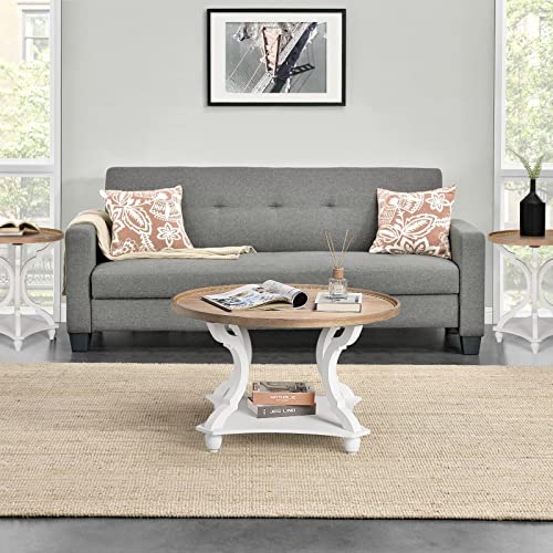Wnutrees Farmhouse Round Coffee Table,Wood Tray Top Circle Coffee Table with Storage Shelf Rustic Style for Living Room and Vintage Finish,White Wnutrees
