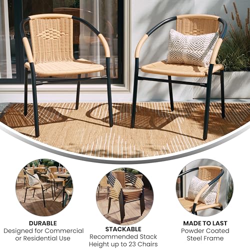 EMMA + OLIVER 2 Pack Beige Rattan Indoor-Outdoor Restaurant Stack Chair with Curved Back EMMA + OLIVER