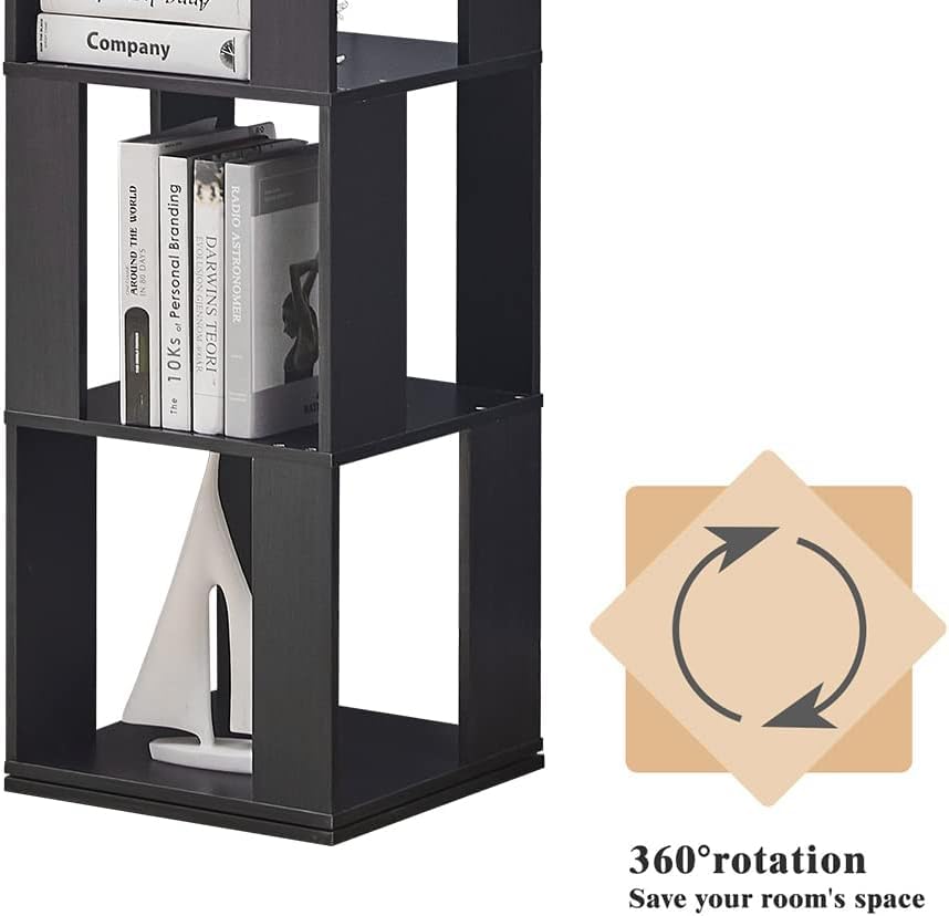 360° Rotating 6-Tier Corner Bookshelf by RVEE - Stylish Black Wooden Bookcase for Home Office and Living Room RVEE