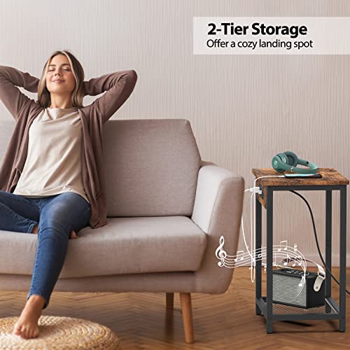 CADUKE Nightstand with Charging Station, Small Bedside Table with USB Ports and Power Outlets, Industrial Brown Side Table for Bedroom, Living Room, Farmhouse CADUKE