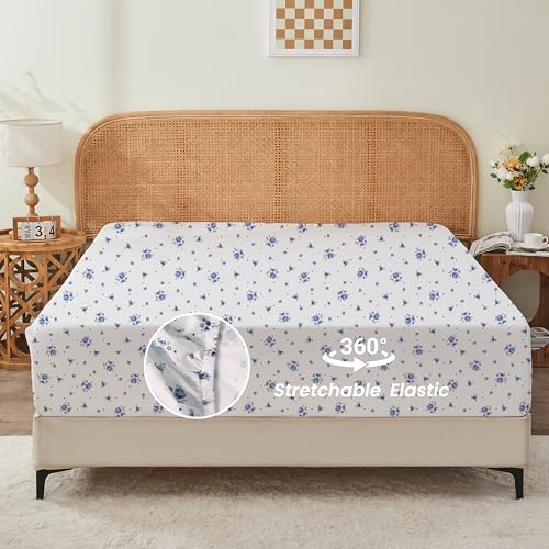 Twin Fitted Sheet,Microfiber Patterned Fitted Sheet Deep Pocket 18 Inches, Ultra Soft & Wrinkle Resistant Twin Deep Pocket,Blue Floral Hylnosia
