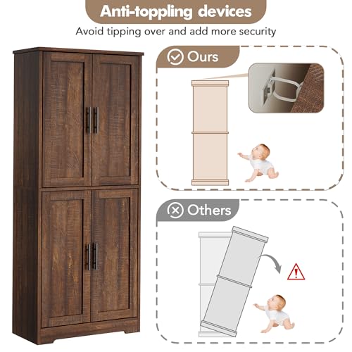 GarveeLife 70" Tall Kitchen Pantry,Farmhouse Storage Cabinet with Adjustable Shelves,Farmhouse Pantry Cabinet with 4 Barn Doors, for Kitchen,Dining Room,Living Room.(Rustic Brown) GarveeLife