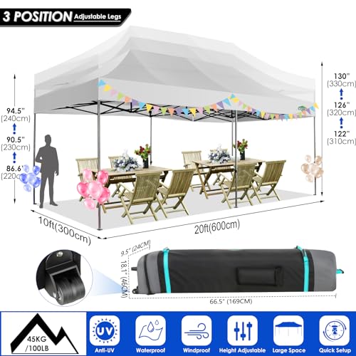 COBIZI 10x20 Canopy with Sidewalls, Heavy duty Party Tent Pop up carpas para fiestas, Tents for Parties, wedding, Outdoor Ez up Foldable Portable Canopy Tent with Wheeled Bag, White(Windproof Upgrade) COBIZI