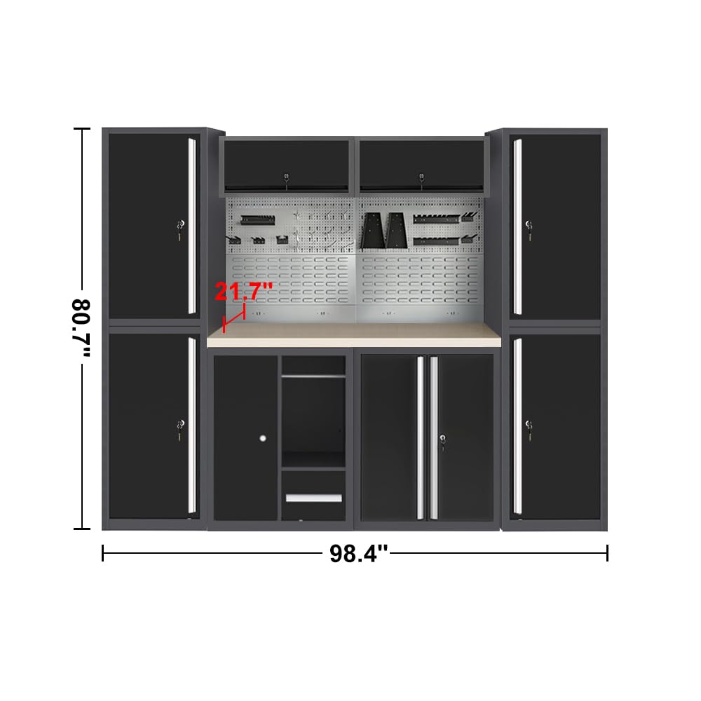 JZD Workshop Cabinet Set System with Wood Tabletop, for Garage Organization, Wall Mounting Not Necessary JZD