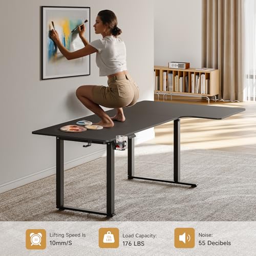 ONBRILL L Shaped Standing Desk, 63x43 Inches Electric L Stand Up Desk with 4 Legs, Dual Motor and Memory Controller, Adjustable Height from 28-46 Inches for Home and Computer Workstation, Black ONBRILL