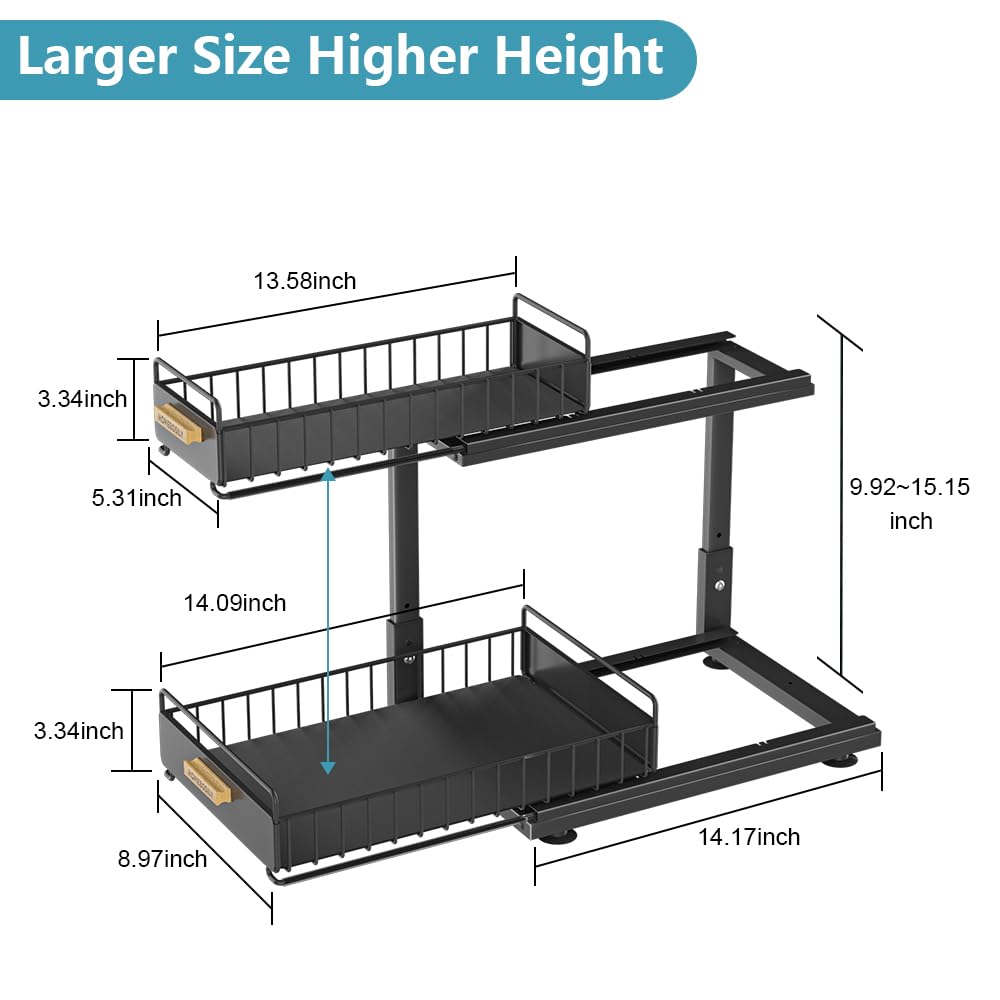Under Sink Organizer Kitchen, 2 Tier Under Sink Organizers and Storage, Pull out Cabinet Organizer Shelf, Metal Drawer for Kitchen Bathroom Pantry Cabinet Closet Organization Rack, Black, 1 Pack HOMEBOSILY