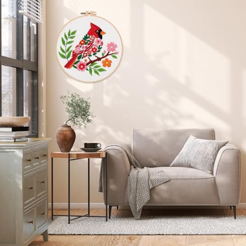 Louise Maelys Red Cardinal Bird Embroidery Kit for Beginners - Floral Hand Stamped DIY Embroidery Kits with Hoop, Threads & Needles - Easy Cross Stitch Starter Set for Adults