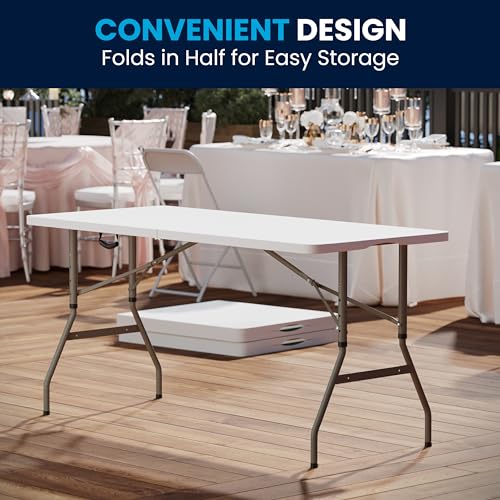 Flash Furniture Kathryn 5' Rectangular Plastic Folding Event Table with Carrying Handle, Bi-Fold Portable Banquet Table for Indoor/Outdoor Events, White Flash Furniture