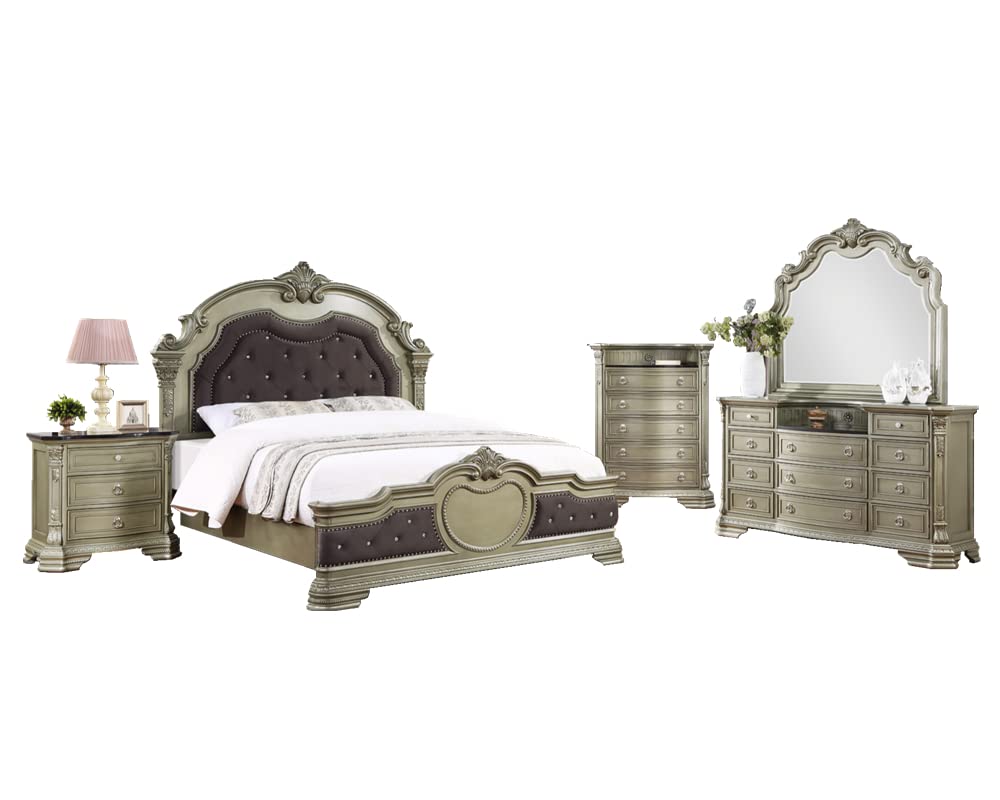 GTU Furniture Upholstered Panel 5PC Solid Wood Queen Bedroom Set Include Queen Bed, Dresser, Mirror, Chest, Nightstand in Jungle Green/Silver (5PC Queen Set) GTU Furniture