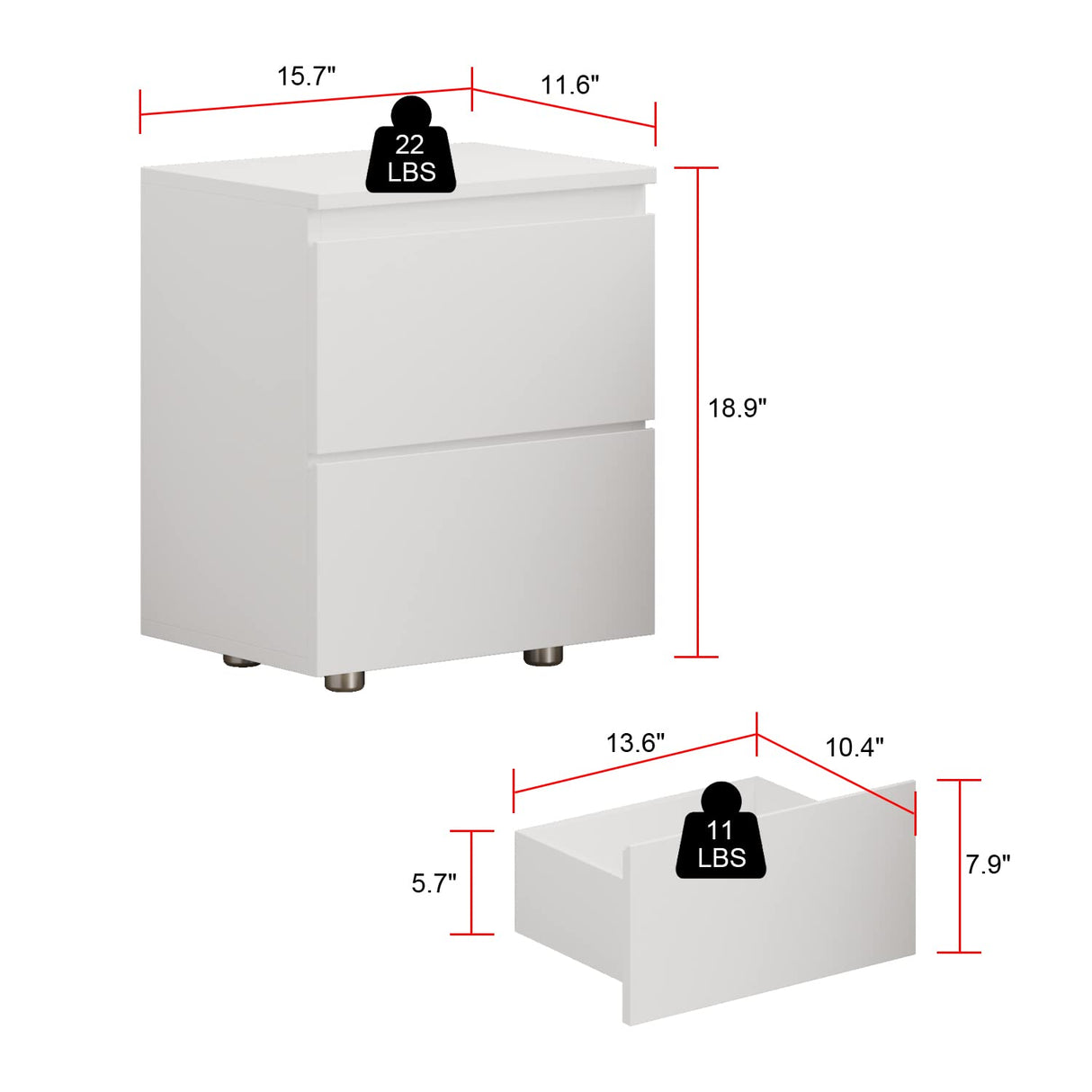 FUNISIR Nightstand with 2 Drawers, Modern Bedroom End Table with No Handle, Wooden Bedside Storage Cabinet, White FUNISIR