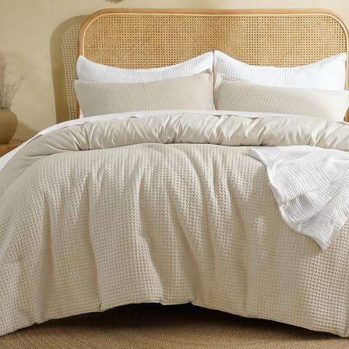 David's Home Waffle Weave Comforter Set 2PCS Twin Size, Soft Breathable Lightweight Cozy Skin-Friendly Warm for All Season, Elegant Aesthetic Home Decor Bedding Set with Pillow Shams, Linen David's Home