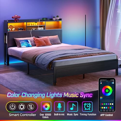 Rolanstar Queen Bed Frame with Storage Headboard & Side Shelf, Metal Platform Bed with Charging Station, LED Bed Frame, Easy Assembly, Noise-Free, Black Rolanstar