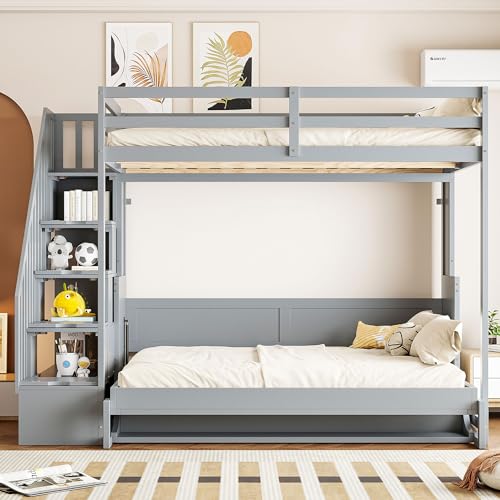 Merax Full Over Full Size Murphy Bed with Hydraulic Lift and Built-in Desk, Space-Saving Wall Bed with Desk Design, Ideal for Home Office, Small Rooms, or Apartments, Gray Merax