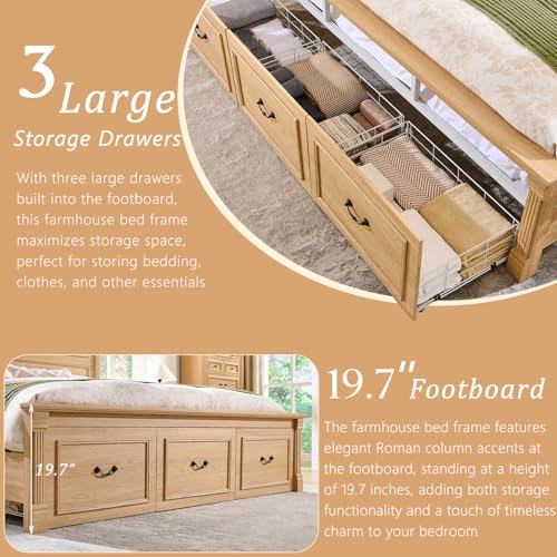 Aitjunz Farmhouse King Size Bed Frame with 51" Tall Headboard, Wood Platform Bed Frame with 20" Tall Roman Column Decoration Footboard & 3 Large Storage Drawers, No Box Spring Needed (Natrual) Aitjunz