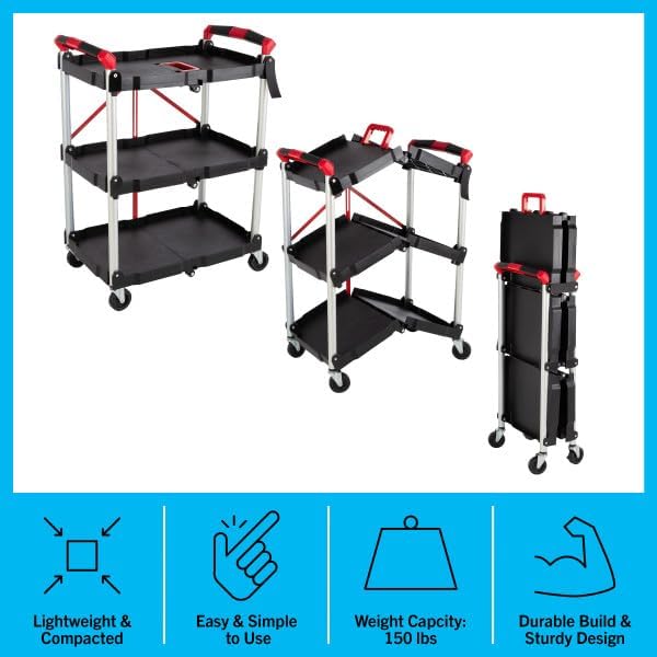 Collapsible Cart - Portable and Lightweight Folding Service Cart with 50lb Capacity Per Shelf - Multi Use Foldable Trolley with Wheels by Stalwart Stalwart