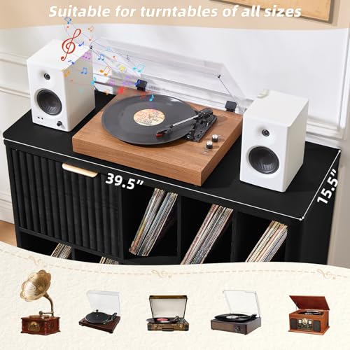 LEYAOYAO Large Record Player Stand with Vinyl Storage Up to 450 Albums, Wood Fluted Boho Record Storage Accent Cabinet, Modern Stereo Media Cabinets, Wide Turntable Stand for Living Room, Black Oak LEYAOYAO