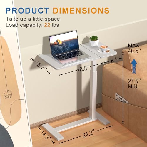 yaaqoo Adjustable Overbed Bedside Table with Hidden Wheels, Pneumatic Tilt Board Rolling Laptop Standing Desk Cart, Mobile Over Bed Sofa Chair Side End Tables, Walnut (White) yaaqoo