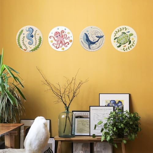 INFUNLY 4 Sets Embroidery Kit for Beginners with Sea Animals Pattern DIY Embroidery Kit for Adults Ocean Embroidery Art Kit Turtles/Seahorses/Octopuses/Whales Cross Stitch Kit with Embroidery Hoops