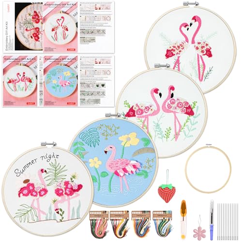 WKALXJ 4 Sets Embroidery Kits for Beginners to Advanced, Cross Stitch Kits Needlepoint Kits Crafts for Adults, Needle Point Kits with Flamingo Plant Pattern(Advanced Flamingo)