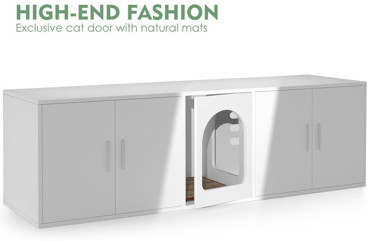 Amunrbrek Litter Box Enclosure for 2 Cats, Cat Litter Box Enclosure Furniture with Double Room, Wooden Litter Box Furniture with Cat Door, White amunrbrek