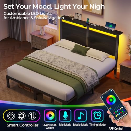 Rolanstar Full Size Bed Frame with Charging Station, LED Full Bed Frame with Wood Storage Headboard, Platform Bed with Metal Slats & Under Bed Storage, No Box Spring Needed, Noise Free, Black Oak Rolanstar
