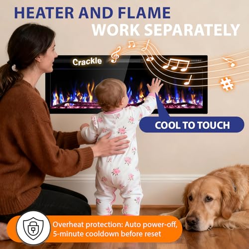 Kucreiheat 50" WiFi Electric Fireplace with Crackling Sound, Smart Linear Recessed & Wall Mount Heater, 750/1500W, App & Remote Control, Log Flame Kucreiheat