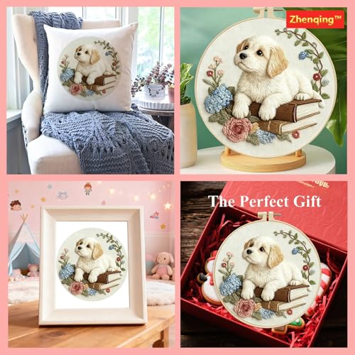 Zhenqing Dog on Books Embroidery Kit for Beginners, Pre-Printed 29x29cm Circular Cotton Fabric with 20cm Hoop, Cozy Pet and Hydrangea Floral Design for Home Decor (C0206)