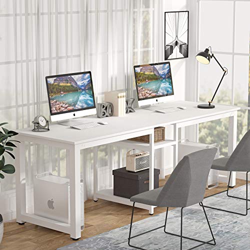 LITTLE TREE 78 Inch Home Office Desks for 2 Person, Extra Long Writing Workstation for Two Person Desk, Double Computer Gaming Table with Storage, White LITTLE TREE