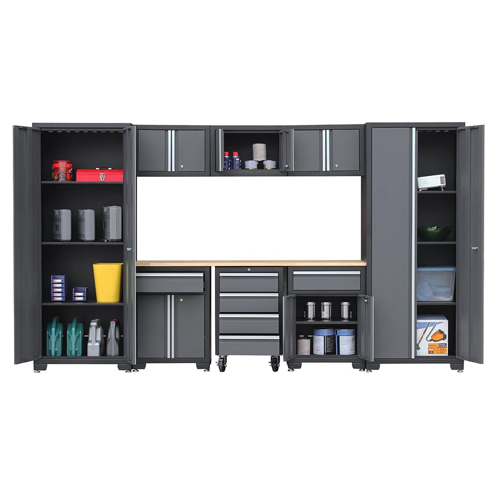 HPDMC 9-Piece Steel Garage Storage Cabinet System with Wooden Work Top, 130 in. L x 18 in. D x 76 in. H Assembled Workshop Chest Cabinet Set in Charcoal Gray HPDMC