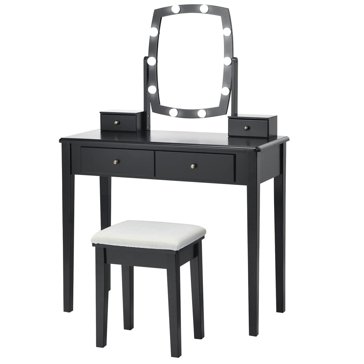 CHARMAID Vanity Table Set with Lighted Mirror, 10 LED Bulbs Adjustable Brightness, 4 Drawers 2 Dividers, Modern Bedroom Makeup Desk Dressing Table with Cushioned Stool for Girls Women (Black) CHARMAID