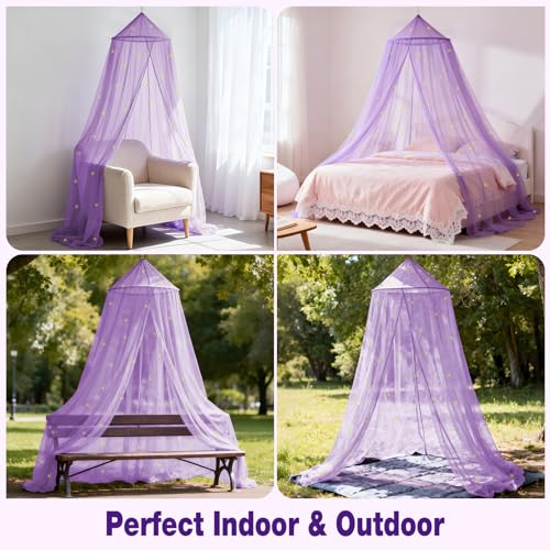 LionLively Purple Bed Canopy for Girls with Glow-in-The-Dark Stars, Princess Canopy Curtains Fits Single, Twin, Full, Queen Size Bed, Bedroom Accessories, Ceiling Tent