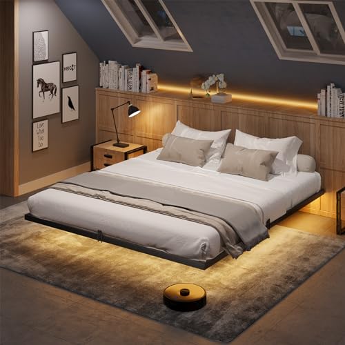 DICTAC Floating Bed Frame California King Size with LED Lights, Metal Platform Cal King Bed with Heavy Duty Steel Slats and 4 Mattress Slide Stopper, Black DICTAC