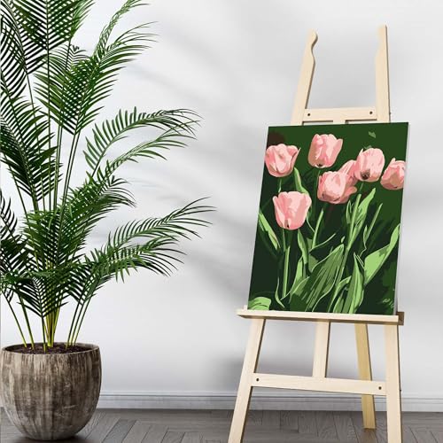 Bimkole Framed Paint by Numbers Kit for Adults Pink Tulip, DIY Oil Painting Kit on Canvas with Paintbrushes and Acrylic Pigment, for Paint by Numbers Beginner, for Home Wall Decor 8x12inch/20x30 cm Bimkole