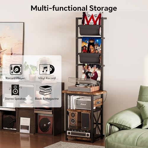 Homeiju Record Player Stand with Power Outlet, 6 Tier Vinyl Record Display Shelf, Record Player Table with album storage up to 200 Albums, Console Organizer Display Shelf, Gifts for Music Lovers Homeiju