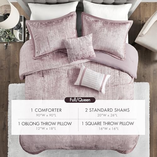 Madison Park Queen Comforter Set, Luxe Velvet, Satin Binding Comforter for a Queen-Size Bed, Cozy Velvet Comforters, All Seasons, Lightweight, Down Alternative Bedding, Full/Queen, Blush 5 Piece Madison Park