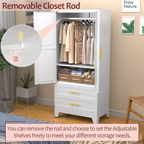 Metal Wardrobe Closet with 2 Doors & 2 Drawers, 71" Tall Armoire Wardrobe Closet with Hanging Rods and Adjustable Shelf, Steel Wardrobe Storage Cabinet for Bedroom-White winiowa