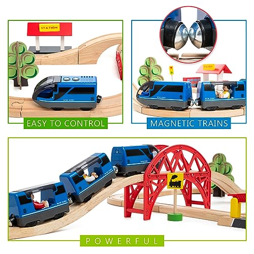 KipiPol Battery Operated Action Locomotive Toy Train Set for Wooden Train Tracks, (Magnetic Connection)-Compatible with Thomas The Train Toys, Brio Train Set for Toddlers 3-5 and up Kipipol