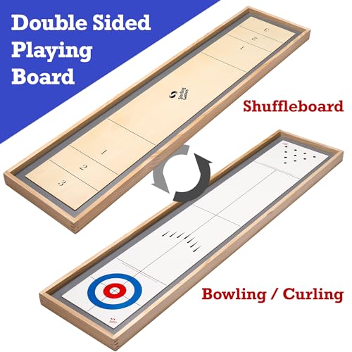 Sterling Games Tabletop Shuffleboard, Bowling and Curling 3 in 1 Combo Game Set, Two Sided Wooden Arcade Game Board with Pucks and Bowling Pins, a Table Top Game for Kids and Family STERLING