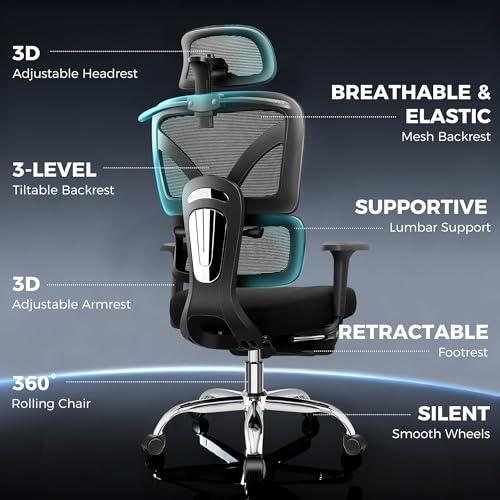 TECHREST Ergonomic Office Chair with Footrest, Big and Tall Home Desk Chair, High Back Rolling Computer Chair with 3D Arms and Lumbar Support, Comfortable Gaming Chair, Swivel Mesh Chairs, Black TECHREST