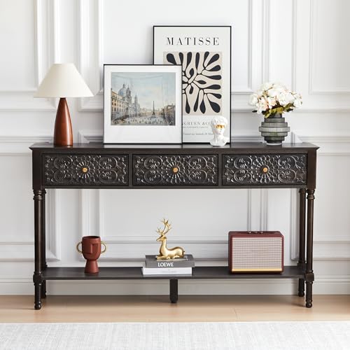 weselon 55.5" Carved Console Table with 3 Drawers, 2-Tier Sofa Table with Glossy Floral Surface and Solid Wood Legs, Mid-Century Modern Entryway Table for Living Room Hallway (Antique Black-Brown) weselon